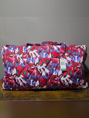 Vera Bradley Quilted Tote in Maroon with Red, Purple & Teal Bow Print